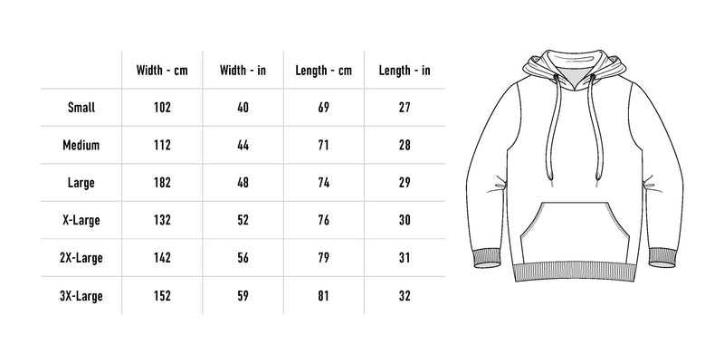 Size chart for Ouija Moth Hoodie - Black